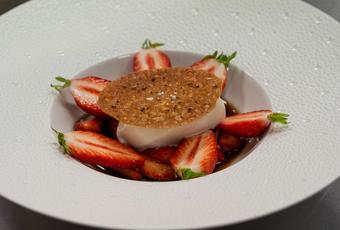 Strawberry nage with Kampot red pepper ice cream