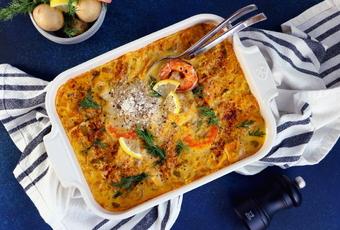 Fish and Shrimp Casserole with Saffron Sauce