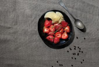 Strawberry salad, balsamic vinegar, vanilla ice cream